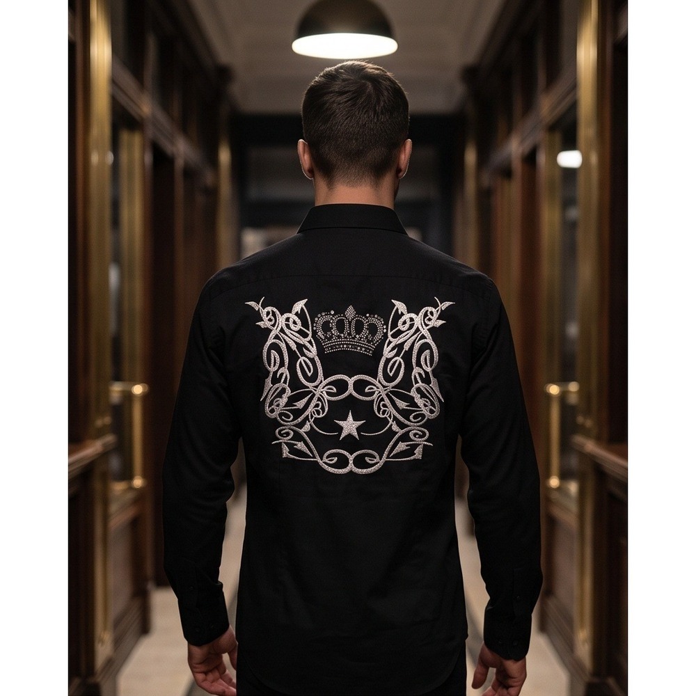 BBC Collection Mens XXXL Black Embroidered Crown Button Down Shirt Long Sleeve - Picture 3 of 14